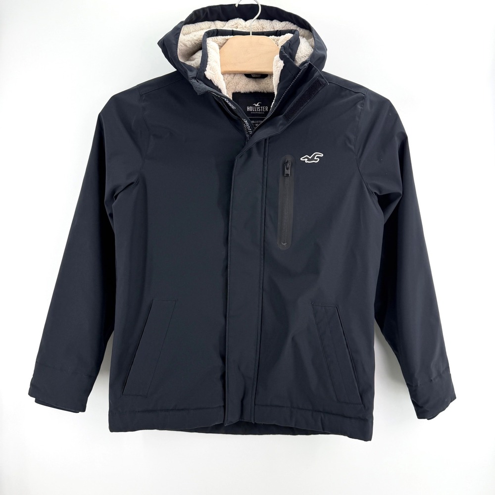 Hollister All-Weather Jacket Sz M Black Faux Fur Lined Winter Parka Coat Hooded